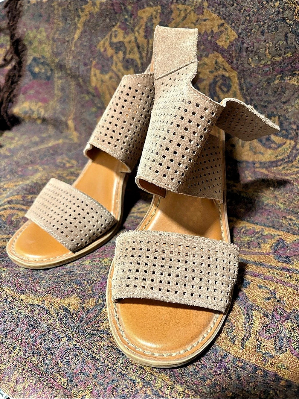 Franco Sarto Perforated Wedge Sandals in Beige US 8.5